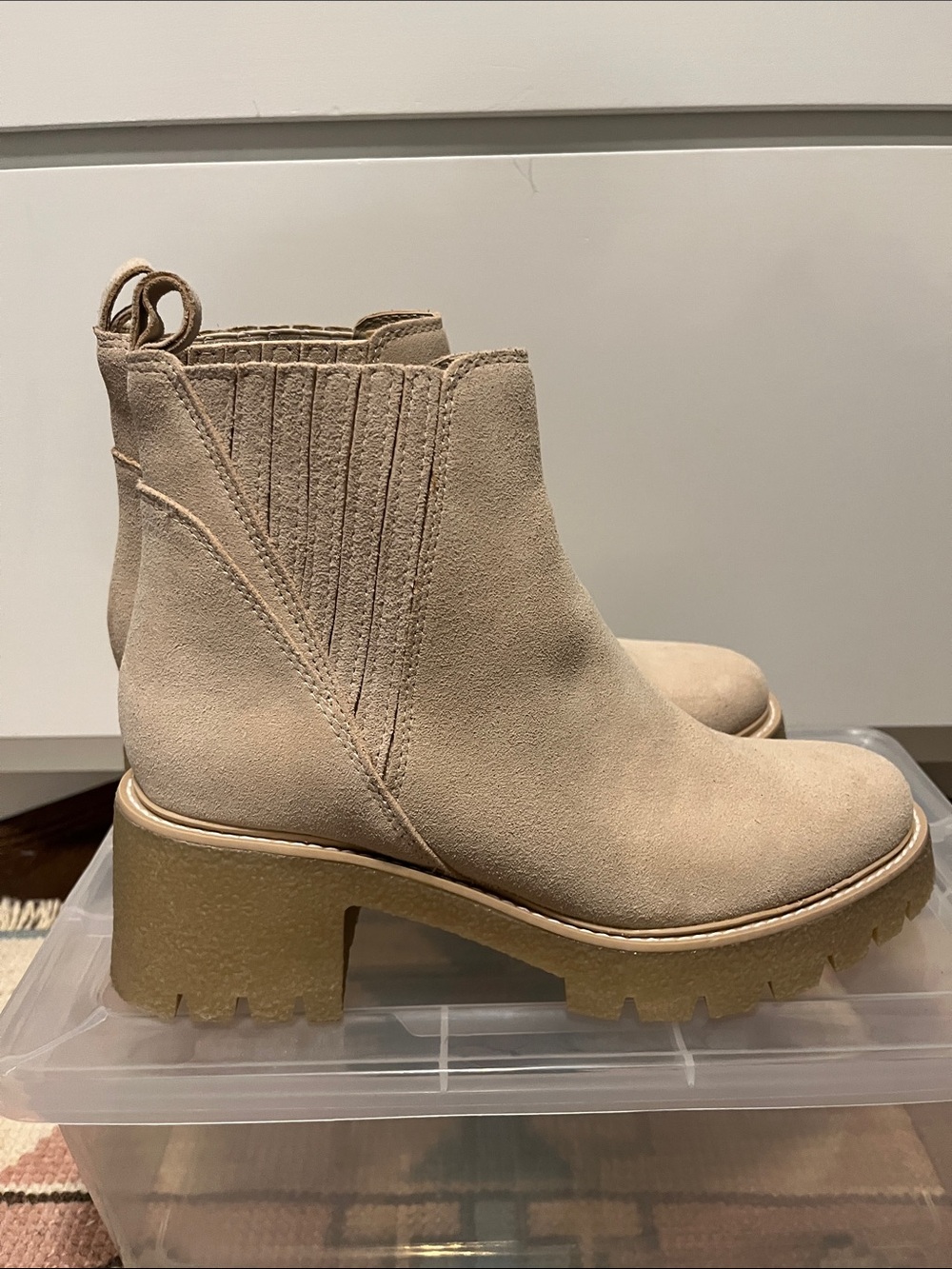 Dolce Vita Beige Suede Chelsea Lug-Heel Ankle Boots - Picture 1 of 4